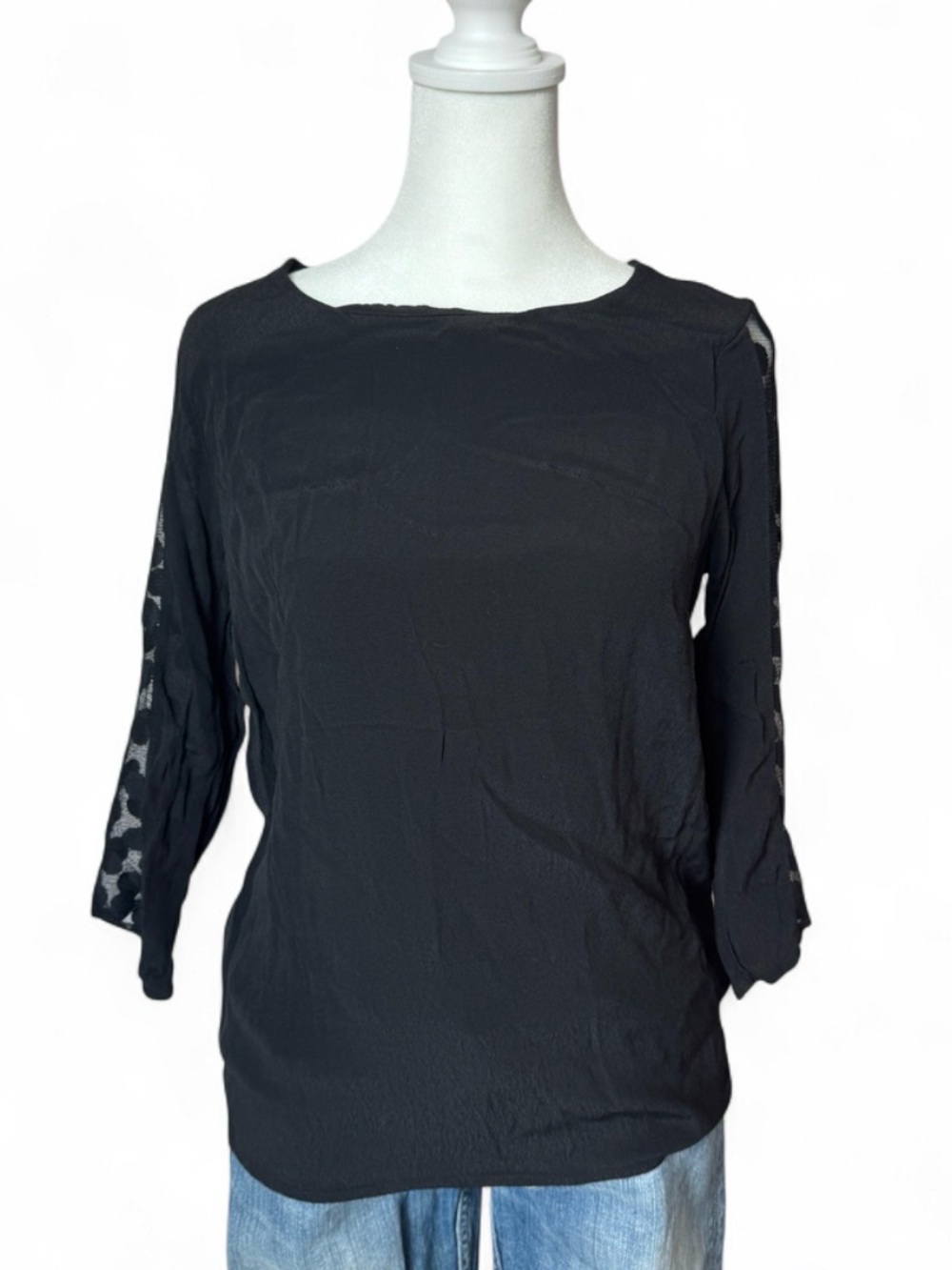 Forever 21 Black Sheer Polka Dot Mesh Sleeve Top M